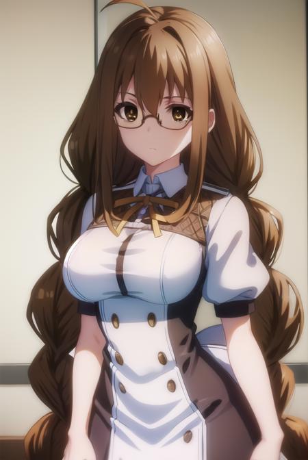 toukatoudou, <lora:touka toudou s1-lora-nochekaiser:1>,
touka toudou, long hair, brown hair, very long hair, braid, twin braids, glasses, (brown eyes:1.5), ahoge,
BREAK skirt, long sleeves, school uniform, juliet sleeves,
BREAK indoors, classroom,
BREAK looking at viewer, (cowboy shot:1.5),
BREAK <lyco:GoodHands-beta2:1>, (masterpiece:1.2), best quality, high resolution, unity 8k wallpaper, (illustration:0.8), (beautiful detailed eyes:1.6), extremely detailed face, perfect lighting, extremely detailed CG, (perfect hands, perfect anatomy),