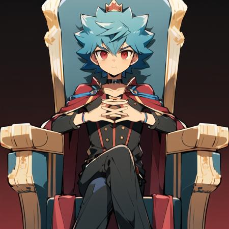 <lora:Luke-10:0.8>, (extremely detailed:1.2),(highly detailed:1.1),(best quality:1.1),(masterpiece:1.1), 1boy, solo,  Luke, red eyes, jewelry, blue hair, choker, spiked hair, throne, royal cape, sitting, royal crown, wearing crown, kingly outfit, <lyco:GoodHands-beta2 (1):1.0>, nice hands, perfect hands