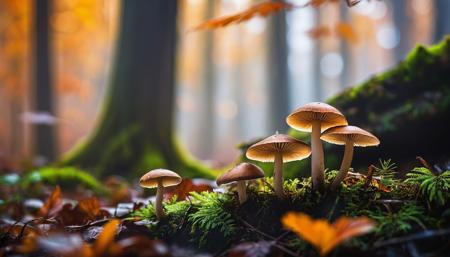 Raw macro photography of mushrooms, autumn, background deep forrest,  Natural Lighting, early morning, foggy, fog saturated, detailed, intricate, uhd, 8k, perfect composition, bokeh, by Erez Marom, by Colby Brown, masterpiece, flickr, artstation,