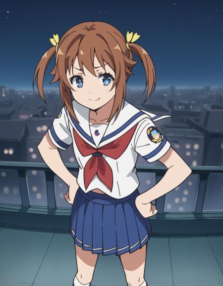 akeno misaki, ribbon, short hair, blue eyes, brown hair, twintails, hair ribbon, skirt, school uniform, short sleeves, pleated skirt, serafuku, socks, blue skirt, neckerchief, red neckerchief, white sailor collar,