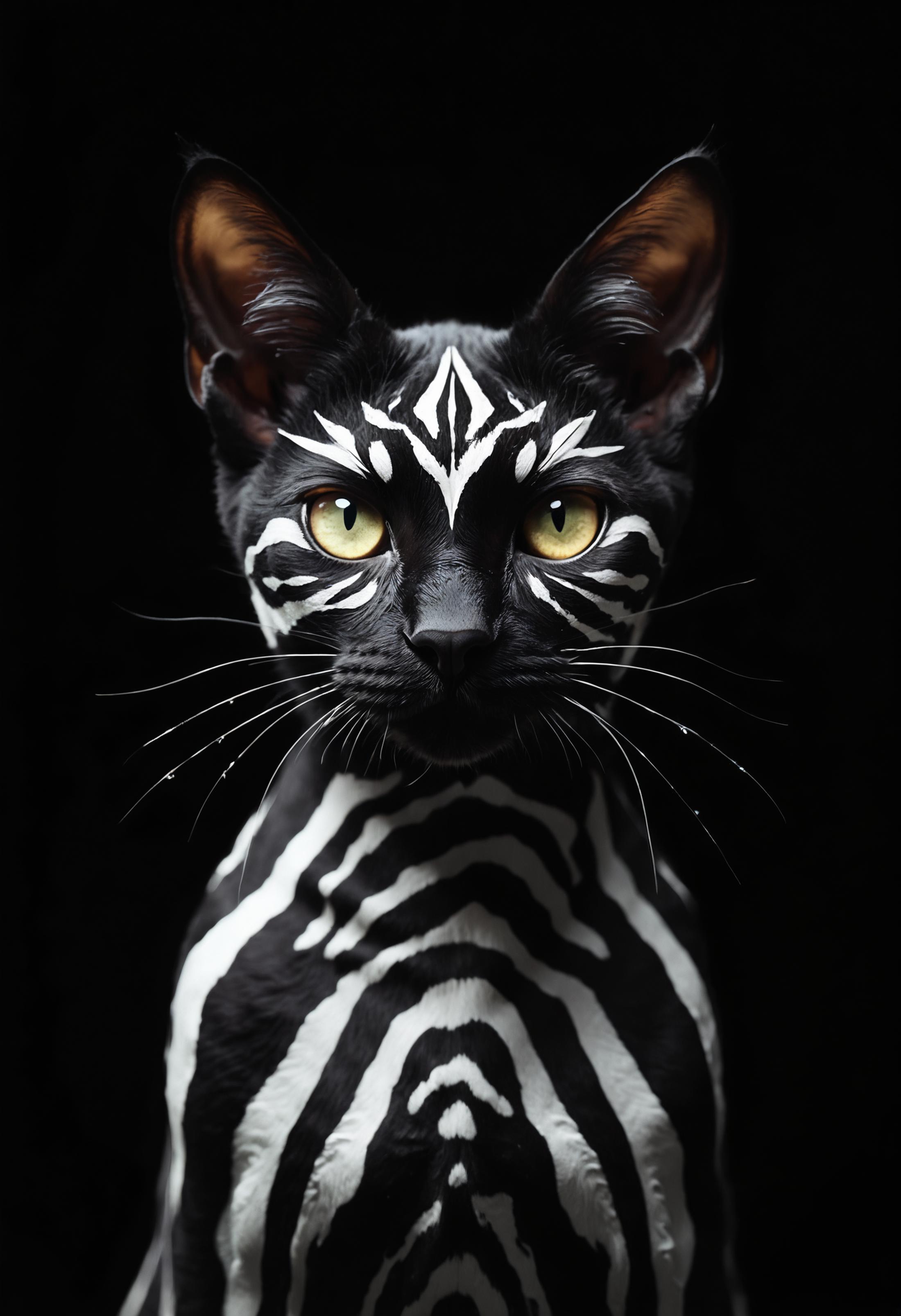 Hyperrealistic close-up portrait of a domestic shorthair cat with striking, artificially painted geometric patterns. The cat's face and upper body are covered in bold, precise white stripes and shapes against its natural black fur, creating a mesmerizing optical illusion. The pattern features straight lines, right angles, and symmetrical designs reminiscent of tribal or futuristic art.
The cat's piercing, almond-shaped eyes stand out against the black and white contrast, conveying a sense of mystery and quiet intensity. Its ears are perked forward, alert and attentive. The cat's small, pink nose is perfectly centered, providing a subtle touch of color amidst the monochrome design.
Shot against a pure black background, the lighting is dramatic and high-contrast, emphasizing the stark black and white patterns. The illumination highlights the sleek texture of the cat's short fur and the reflective quality of its eyes.
Every detail is captured with precision: individual whiskers, the subtle variations in the cat's skin texture, and the crisp edges of the painted patterns. The image is composed as a head and shoulder shot, filling the frame with the feline's uniquely adorned face and upper body.
The overall effect is a striking blend of feline grace and artificial design, creating an image that is both elegant and surreal, captured with the clarity and depth of a high-end fashion or wildlife photograph. The cat's inherent air of mystery is amplified by the enigmatic geometric patterns, resulting in a visually arresting portrait.