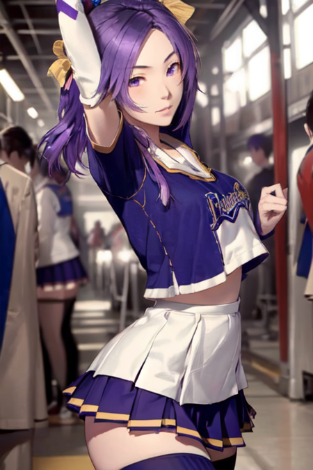 SuzumeHachisuka, 1girl, solo, thighhighs, hair ribbon, purple hair, pleated miniskirt, cheerleader, 