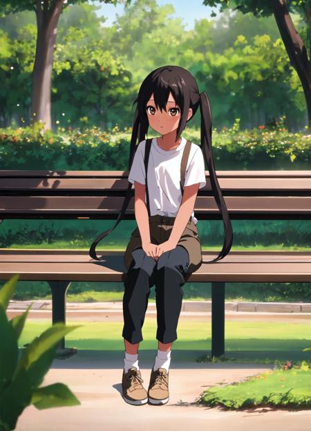 <lora:NakanoAzusa:0.5>, ((full body)), (((1girl))), ((((summer park)))), (((masterpiece))), ((sitting on a bench)), highest quality, best quality, high detail, nakano azusa, black hair, solo, twintails, long hair, (dark brown eyes), light brown suspenders, (((black breeches under light brown shorts))), ((white socks)), white t-shirt, wristband, casual, sweat, lying, couch, ((tan)), soft cinematic light, adobe lightroom, photolab, hdr, intricate, highly detailed, ((((depth of field)))), lightroom, natural, perfect, [oliver wetter|(kodak portra:0.08)|(leibovitz:0.6)], raw, intricate, high quality, mamiya, exposure blend