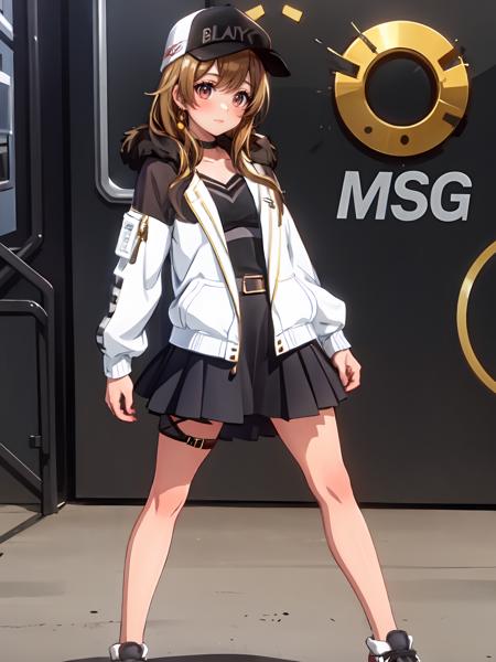 KYOKODJ black footwear,pleated skirt, thigh strap, shoes,black skirt,white jacket, open jacket, headpones around neck, shirt. open clothes, skirt, bangs, long sleeves,baseball cap, brown eyes, long hair,brown hair, 