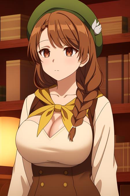 natalie, 1girl, solo, long_hair, breasts, bangs, large_breasts, brown_hair, shirt, long_sleeves, hat, cleavage, brown_eyes, closed_mouth, collarbone, upper_body, braid, indoors, neckerchief, single_braid, beret, expressionless, green_headwear