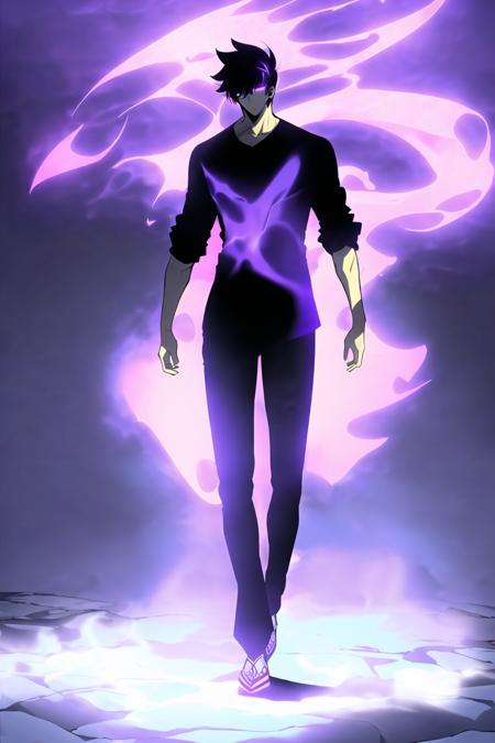 <lora:SoloLevelling:0.8>,1boy, black hair, purple aura, purple glow, purple eyes, shadow, fog, full body, black shirt