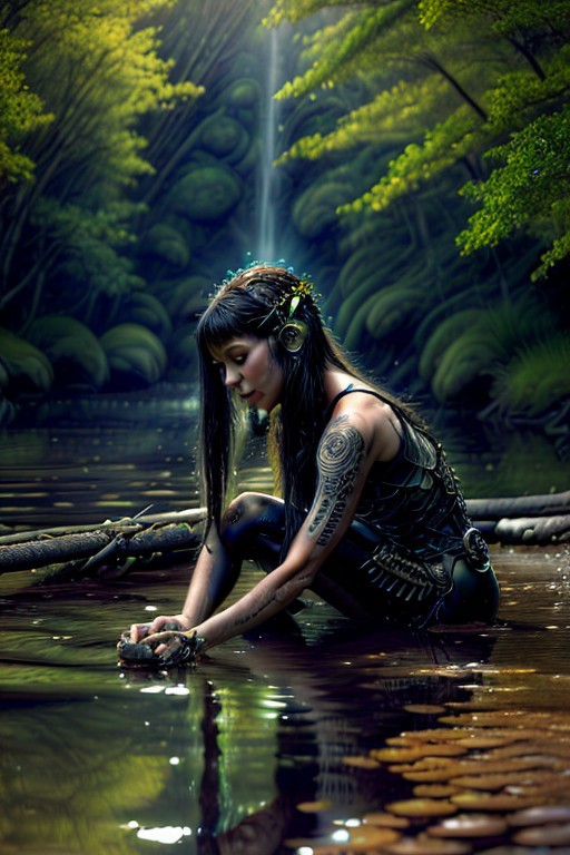"A serene humanoid AI reimagined as a nature spirit, her form made of crystal-clear water, intertwined with delicate vines and moss. She has a soft, glowing aura and butterfly wings that shimmer in the sunlight. She’s sitting by a tranquil stream surrounded by blooming wildflowers and animals like deer and birds that gather around her. Art style: soft and heartwarming, with earthy tones and an impressionistic touch." , from below,
NEG_EMBED_STABLE_YOGI_V3, cyberg1gerng, cyberg1gerng face,