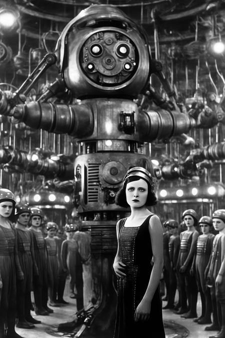 <lora:Director Sergei Eisenstein style:1>Director Sergei Eisenstein style - film still 1925. In the future, the society of  is divided in two social classes: the workers, who live in the underground below the machines level, and the dominant classes that lives in the surface. The workers are controlledtheir leader who wants to find a mediator between the upper class lords and the workers, since she believes that a heart would be necessary between brains and muscles.  meets the son of the Lord of  Johhan Fredersen, in a meeting of the workers, and they fall in love for each other. Meanwhile, Johhan decides that the workers are no longer necessary for and uses a robot pretending to be  to promote a revolution of the working class and eliminate them.