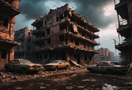 Create a dystopian cityscape at dusk, (desolate:1.2) and abandoned, with crumbling buildings, (ominous:1.3) dark clouds, (toxic:1.2) atmosphere, (post-apocalyptic:1.4) ruins, (decaying:1.3) infrastructure, and (eerie:1.2) silence. Inspired by the works of Akira Yoshizawa and Hayao Miyazaki. aesthetic