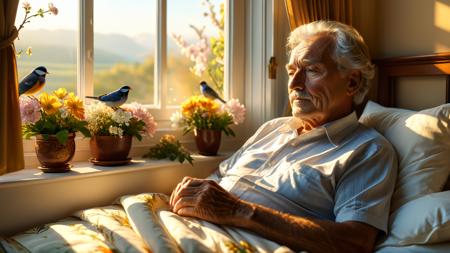 an elderly man peacefully lying in bed,(warm soft sunlight streaming through the window),(birds sitting on the windowsill),quiet and serene room,delicate flowers on the bedside table,the man's face showing peace,calm,and contentment,soft lighting,golden sunlight,cozy atmosphere,gentle shadows,a sense of love and respect in the air,calm expression,gentle wrinkles,relaxed posture,soft bed linens,peaceful morning light,the beauty of life's final moments,warm tones,harmonious composition,nature outside the window,birds chirping softly,a sense of completion and fulfillment,(masterpiece:2),(best quality:1.1),ultra highres,original,extremely detailed,perfect lighting,<lora:MJ52_v2.0:0.5>,<lora:xl_more_art-full_v1:0.8>,<lora:detailed_notrigger:1>,