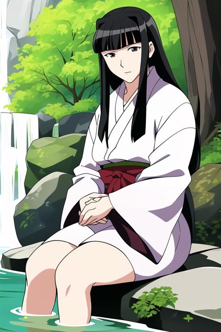 <lora:love-hina-motoko-aoyama:0.9> motoko aoyama in a white kimono sitting on a rock in front of a waterfall, japanese maple trees