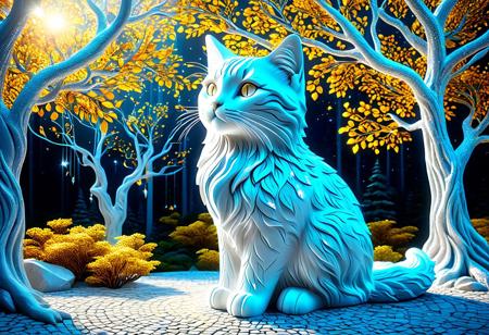 cstatuesdxl, Kurzgesagt,cat made out of stone, cat statue, clothes, greek style, sfw, starry_morph, stone fur, tail,  detailxl, score_9, score_8_up, Kurzgesagt, score_7_up, score_6_up, score_5_up,side view ,cozy atmosphere, creative light overlay, 4k, masterpiece, (masterpiece), best quality, sar, (4K), (cinematic lighting), highly detailed, 8K, UHD, ultra detailed, immersive picture, vivid colors, volumetric light, cinematic light, extremely detailed CG, A dense forest of diamond trees, their branches covered in shimmering diamond leaves, glowing under a starlit sky, with glowing diamond flowers at the base