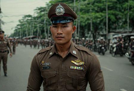 cinematic still of 30 year old handsome muscular Thai man in brown police uniform and hat, standing in Bangkok streets, highly detailed, intricate details, shallow field of depth, cinematic lighting