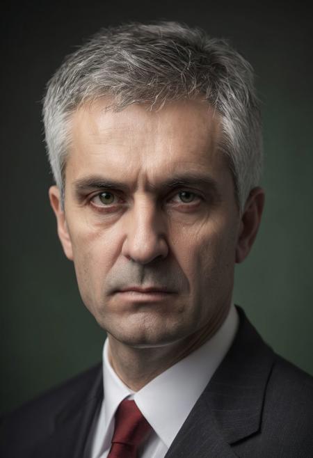▲ Close to: 
Portrait face of a politician, sadist, liar, rigid, authoritarian, pervert, dismal, sad, white short hair, gray background, blurry background, green and black and white, red tie, photo, 