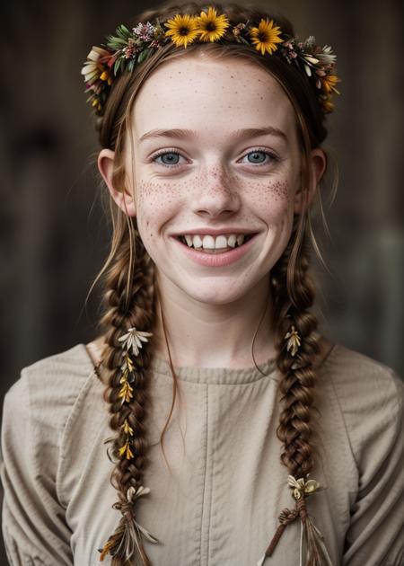 1girl, solo, looking at viewer, smile, open mouth, brown hair, hair ornament, braid, flower, teeth, hair flower, twin braids, lips, bird, animal, portrait, freckles, realistic, head wreath