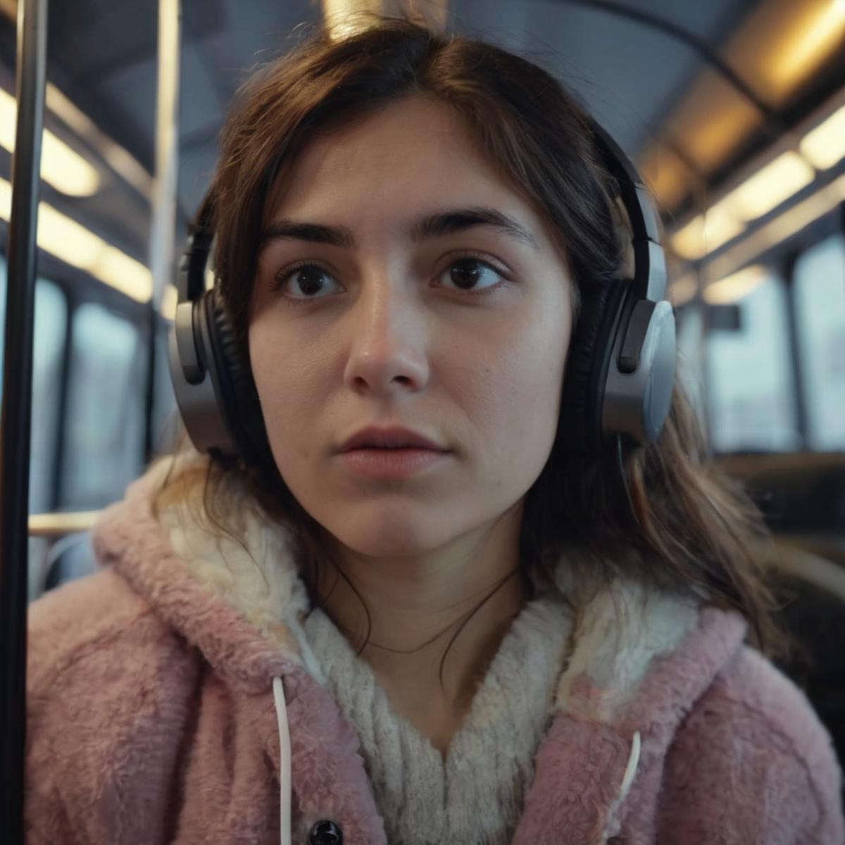 Woman with headphones on a bus, listening to music or watching a video.