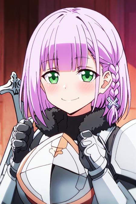 leo, 1girl, purple hair, short hair, green eyes, bangs, blush, braid, side braid, looking at viewer, armor, hair ornament, weapon, sword, smile
high quality, best quality, ultra detailed, masterpiece, big breast, detailed hands, small breast, <lora:EMS-52531-EMS:0.600000>