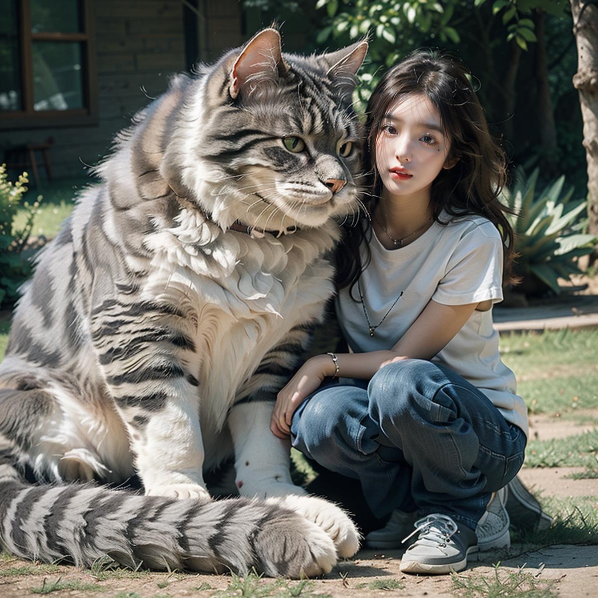 A girl sits next to a large striped cat on the grass.