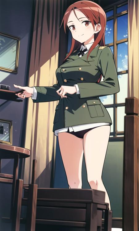 minna_dietlinde_wilcke, 1girl, solo, long hair, red eyes, underwear, panties, red hair, uniform, military, military uniform, jacket, green jacket, wolf ears, wolf tail, wolf girl, minna_dietlinde_wilcke, 1girl, solo, long hair, red eyes, underwear, panties, red hair, uniform, military, military uniform, origin military uniform, wolf ears, wolf tail, wolf girl,