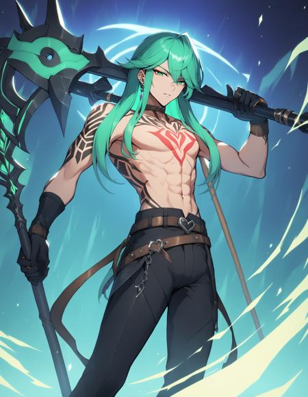 1boy, Kayne, League of Legends, hrstlxks style, solo, long hair, looking at viewer, gloves, holding, green eyes, weapon, male focus, heart, green hair, black gloves, belt, pants, holding weapon, tattoo, black pants, polearm, topless male, spear, over shoulder, holding polearm, weapon over shoulder, cinematic lighting, cinematic angle, masterpiece, best quality , <lora:HeartsteelSDXL:0.8>