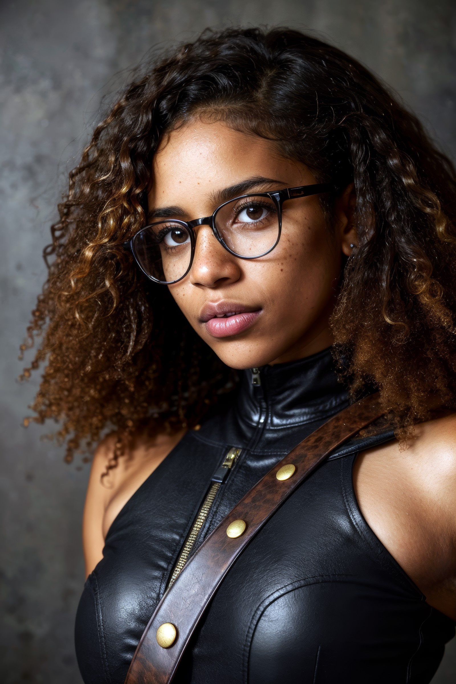 photo RAW,Short light skinned black female, long curly with no frizz brown hair, glasses, freckles, brown eyes, no imperfe...