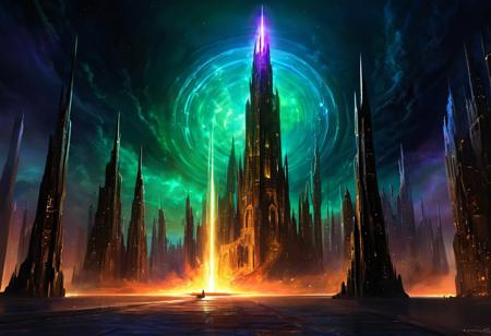 In the vast cosmos, an iridescent nebula illuminated a lone planet, a sapphire and emerald gem shimmering with refracted light. Upon its surface, two cities sprawled in stark contrast yet bound by a shared destiny.
The City of Light gleamed with crystalline towers and glowing bridges, a masterpiece of luminous design. Its spires reached skyward, coursing with vibrant energy, while airborne vessels glided gracefully, leaving trails of radiant color in their wake. The streets shimmered with golden hues, alive with an aura of hope and ingenuity.
Opposite it stood the City of Darkness, a foreboding realm of jagged obsidian towers and shadowy streets lit by a cold, otherworldly glow. Its skies were shrouded in darkness, pierced only by vessels emitting faint, spectral light as they navigated the labyrinthine skyline. The city pulsed with an enigmatic energy, embodying mystery and power.
At the center of these cities stood the Temple of the Eternal Flame, a monumental structure blending the luminous elegance of the light city with the shadowed grandeur of the dark. At its pinnacle, the eternal flame burned, its light uniting the two realms. Revered by both cities, the flame was a symbol of balance—a reminder that light and darkness, though opposing, were inseparably linked.
Legends spoke of the flame’s hidden power, a force that maintained harmony yet held secrets capable of unraveling their delicate coexistence.