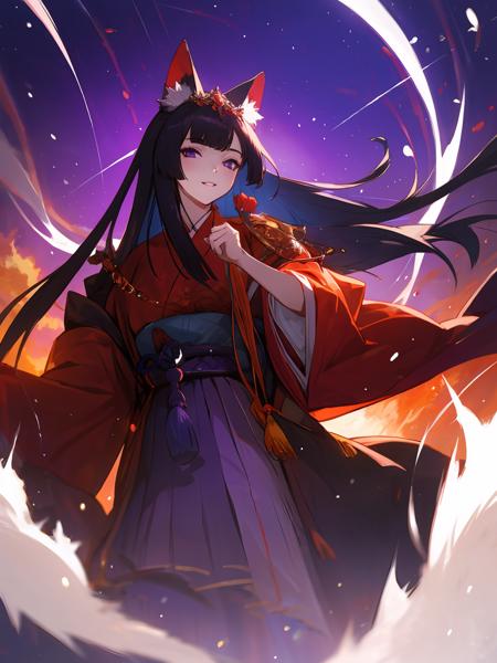 masterpiece,best quality,highres,cinematic lighting,dramatic angle,<lora:ShadowverseGinsetsuV7-000018:0.8>,1girl,animal ears,hair ornament,purple eyes,black hair,long hair,smile,parted lips,looking at viewer,cowboy shot,japanese clothes