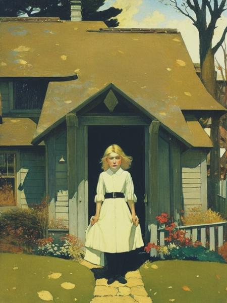 <lyco:JessieWillcoxSmith:1.0> painting of pale blonde woman at a suburban house, reality shatters, reality distortion, terrifying, scary and surreal, sci-fi, sci-fi poster, Jessie Willcox Smith painting