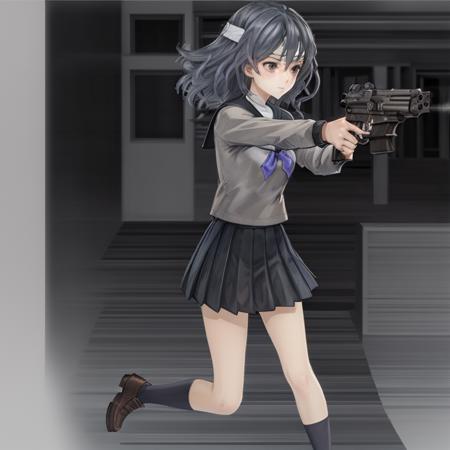 gun, weapon, 1girl, holding_gun, handgun, solo, skirt, submachine_gun, pistol, aiming, shoes, holding_weapon, trigger_discipline, school_uniform, loafers, serafuku, brown_footwear, full_body, black_skirt, holding, headband, pleated_skirt, p90, simple_background, heckler_&_koch
best quality, rtx,artgerm style,high detail,Cinematic light, intricate detail,highres, high detail,detailed,best quality,