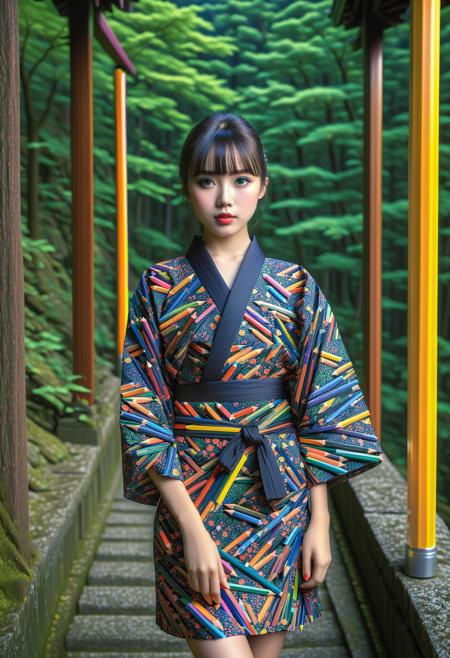 masterpiece, best quality, ultra detailed, HDR, photorealism, sfw, A girl, black mini yukata, pretty face, (the patterns appear like layers of colored pencils:1.35), the girl looking at camera, landscape, nature, forest, japanese mountainside, night, HDR, pale skin, (black bold eyeliner, makeup:1.1334), very detailed radiant eyes, detailed lips, detailed face, cute, pretty, bangs, posing elegantly, in shinto temple, the backdrop should be of a forest, it should be at night, fullbody shot, <Pencil_morph_style-000008:1.55>
