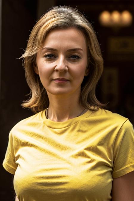 <lora:Liz_Truss:1> masterpiece, best quality, detailed face, 1woman, solo, a mature l1873t, realistic, yellow t-shirt