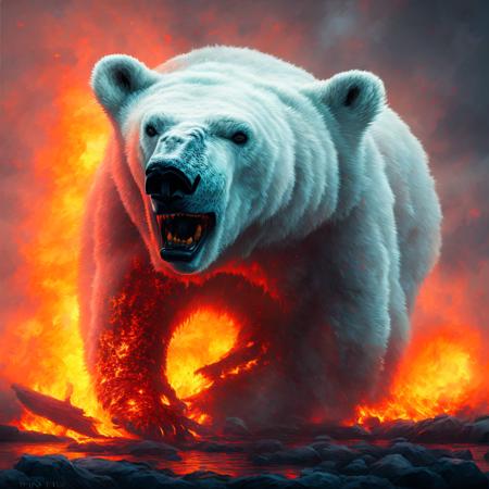 a dramatic image of a polar bear, fire, plain background, cinematic, realistic, angry, art by dgtl