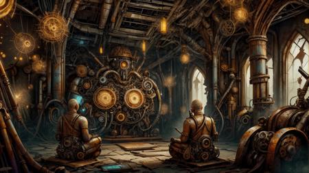 RAW Photo of worldofscrap automated monks maintaining ancient databases in a mechanical temple, corroded, broken, junker <lora:WorldofScrap:1><lora:add_detail:0.6> <lora:LowRa:0.2>, (Masterpiece:1.3) (best quality:1.2) (high quality:1.1), enchanting atmosphere,cinematography,cinematic,deviantart masterpiece,8k hdr,sharpen,24k,8k,bokeh,particle effects