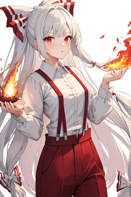 best quality, masterpiece, highres, solo, {fujiwara_no_mokou_touhou:1.15}, long_hair, bow, hair_bow, red_eyes, white_hair, suspenders, very_long_hair, bangs, white_bow, fire, hair_ribbon, 1girl, long_sleeves, looking_at_viewer, shirt, white_background, white_shirt, simple_background, pants, red_pants, hand_on_own_head