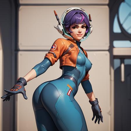 juno overwatch, purple hair, short hair, gloves, bodysuit, covered navel, breasts, medium breasts, blue gloves, multicolored hair, pink hair, space helmet