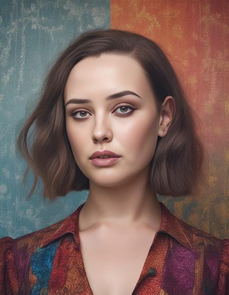 KatherineLangford, portrait,close up of a Monstrous tall Female, behance, Nonchalant Short bob hairstyle, Folk Art, short lighting, dark rainbow hue, <lora:KatherineLangfordSDXL:1>