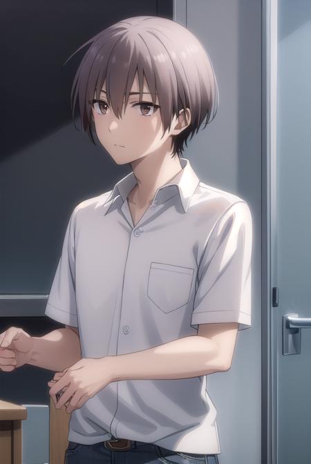 ayumuaikawa, <lora:ayumu aikawa s2-lora-nochekaiser:1>,
ayumu aikawa, short hair, grey hair, (brown eyes:1.3), male focus,
BREAK short hair, shirt, white shirt, collared shirt, pants,
BREAK indoors, classroom,
BREAK looking at viewer, (cowboy shot:1.5),
BREAK <lyco:GoodHands-beta2:1>, (masterpiece:1.2), best quality, high resolution, unity 8k wallpaper, (illustration:0.8), (beautiful detailed eyes:1.6), extremely detailed face, perfect lighting, extremely detailed CG, (perfect hands, perfect anatomy),