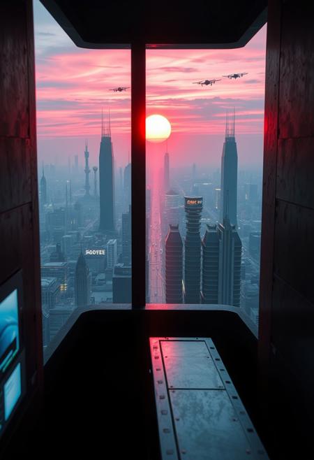 A fleeting sunrise seen through a narrow, tinted slit in the sleek, matte-black concrete wall of a futuristic, dystopian high-rise. For a single second, the sun’s neon-orange rays stream in, casting a surreal, warm glow across the sterile interior filled with glowing holographic displays and humming machinery. Beyond the slit, a sprawling cyberpunk cityscape unfolds with towering megastructures, flickering neon signs, and autonomous drones silhouetted against a sky streaked with electric pink and violet hues. The brief sunlight glints off a metallic surface inside, emphasizing the contrast between the cold, high-tech environment and the ephemeral beauty of the sunrise, before shadows reclaim the scene.