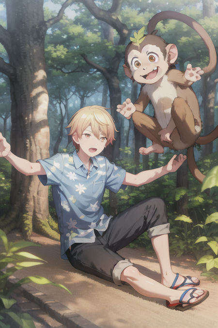 <lora:TenmaTsukasa-09:0.7> ,10ma_t, open mouth, blonde hair, shirt, 1boy, male focus, outdoors, collared shirt, pants, tree, orange eyes, leaf, sandals, blue shirt, nature, forest, monkey, hawaiian shirt