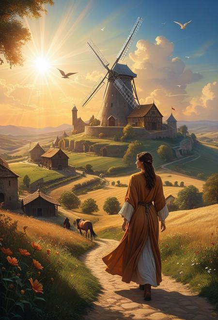 Fantastic and ethereal concept art of a breathtaking traveler, wearing a flowing robe, traveling between worlds (epic landscape: 1.5). Exceptional quality of the very realistic photography, masterpiece, extremely detailed, of great delicacy and beauty, dynamic, superb lighting, perfect shading, depth of field, soft lateral light, elegant, magnificent, highly detailed, long shot, no cropping, pure genius, absolutely perfect, highly detailed, breathtaking.
The image style is a mix of biopunk and apocalyptic with fluid details. Outside the stables of a baroque medieval town, [Horses], hay, Earth-like planet, coronal flares and a large gas giant, stunning lightscape, cinematic lighting, divine rays, light beams. By day, an imposing windmill on a hill overlooking a vast farm, with birds soaring in the sky. Award-winning masterpiece. professional, highly detailed, beautiful, celestial, ethereal, painterly, epic, majestic, magical, fantasy art, cover art, dreamy
