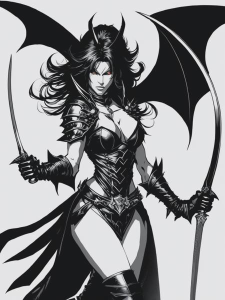 <lyco:MarcSilvestri:1.0> In the style of a Jim Lee ink illustration, a beautiful demoness assassin in leather armor, with bat wings, ready to attack, wielding two short swords, Dungeons and Dragons.