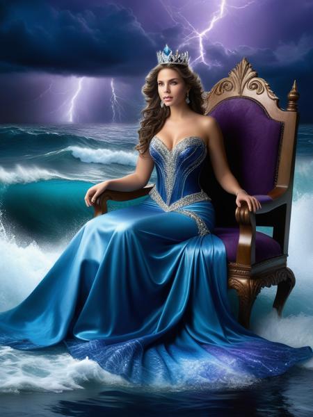 <lora:SS02ImpressionisticPainting_Hap_XL:1>, Thomas Kinkade style, majestic woman, long flowing gown, regal crown, serene expression, sitting in the middle of the ocean on a water throne, intricate water details, stormy ocean background, dramatic waves, lightning strikes, dark clouds, powerful atmosphere, fantasy theme, high resolution, detailed textures, cool blue tones with hints of silver and purple, dynamic lighting effects,