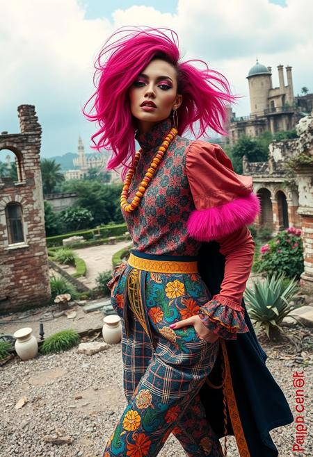 A surreal, avant-garde fashion editorial featuring a stunning supermodel in an eclectic ensemble of vibrant, avant-garde attire, posing in a dreamlike landscape of crumbling ruins, overgrown gardens, and abstract cityscapes, with bold, expressive makeup and hair that defies convention, as if plucked from the pages of a fashion magazine's most daring and imaginative issue.