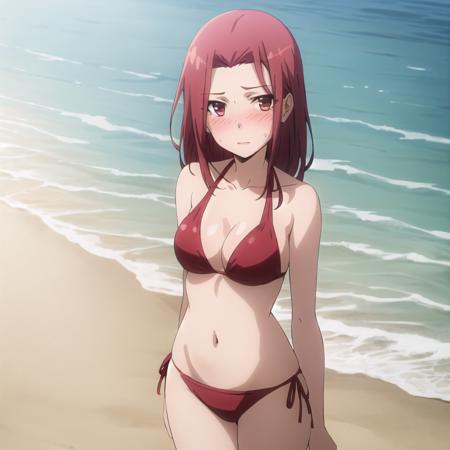 best quality, (masterpiece:1.2), highly detailed, beach, sand, ocean, 
1girl, solo, <lora:chara_GATEJietai_PinaCoLada_v1:0.8>, pina co lada,
looking at viewer, medium breasts, blush,
red eyes, red hair, long hair, lose hair, red bikini, side-tie bikini bottom