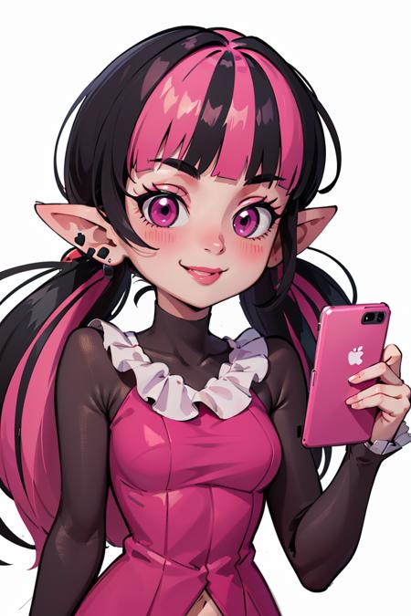 ((masterpiece,best quality)), absurdres,
<lora:Draculaura_Anime:0.8>, Draculaura_MH, black hair, pink hair, multicolored hair, pointy ears,
upper body, extremely detailed face, smile, blushing, selfie, holding phone,