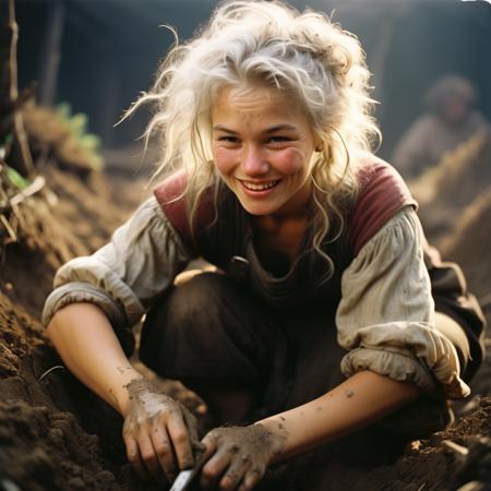 old medieval farmer digging in the dirt, 1girl, white hair, messy hair,
analogue photography, natural light, looking at viewer, parted lips, scar, smiling, wrinkled skin,
