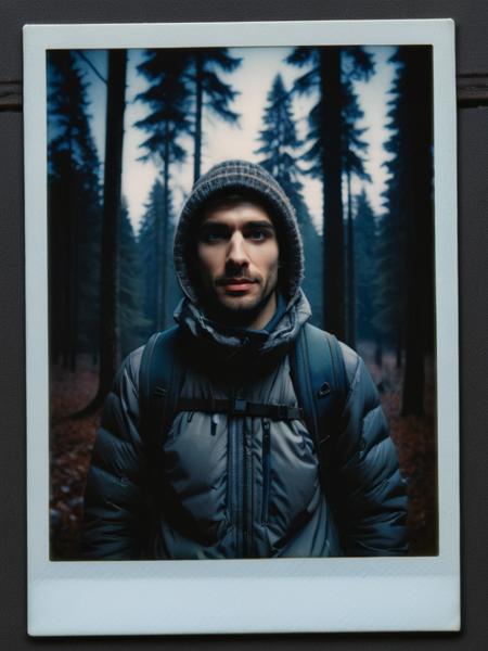 man at night in the wood, dressed for trekking, winter, scared, at night, very dark, without flash, walking <lora:ral-polaroid:1> ral-polaroid