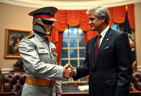 cobra commander in an immaculate military dress uniform posing for photo shaking hands with president clinton of the united states in sharp suit inside the oval office, real photograph, gi joe, photorealistic, correct hands, correct fingers, presidential seal, vote button, campaign photo, election, elegant scene