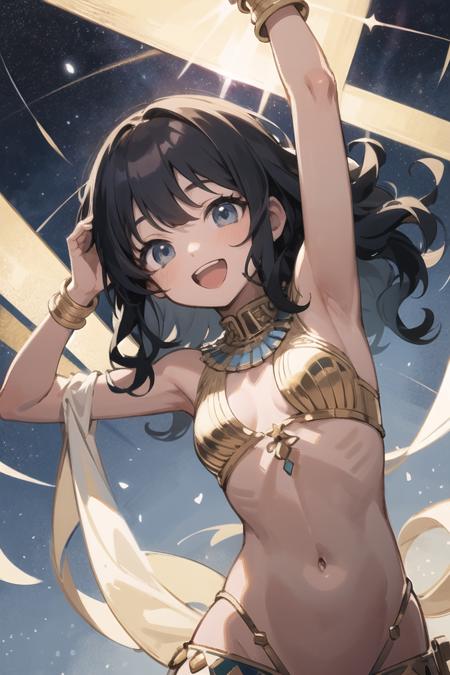 (finely best quality illustration:1.2), (kawaii girl:1.1), (1girl, solo:1.0), (black wavy hair, medium hair:1.0), (dark skin:1.0), (belly dance costume, egyptian national costume:1.0), (flat chest:1.0), (smile, :D, open mouth:1.0), (dancing:1.0), (upper body:1.0), (from below:1.1), (starry sky:1.0), (ultra-detailed, highres:1.0), (sfw:1.0),