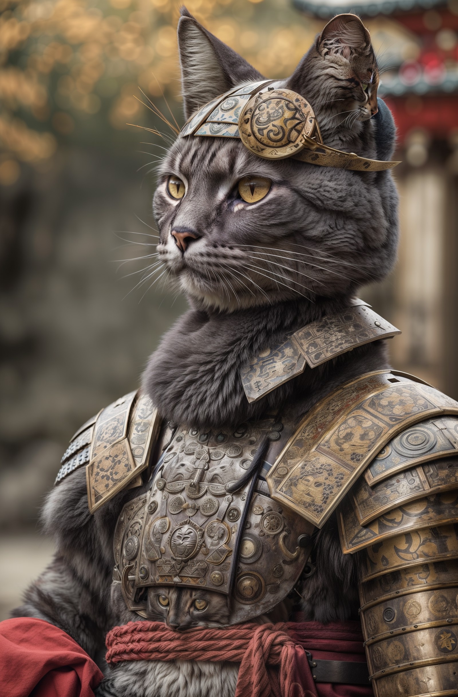 An ancient anthropomorphic cat samurai using an ancient samurai armor, photography, beautiful, bokeh temple background, co...